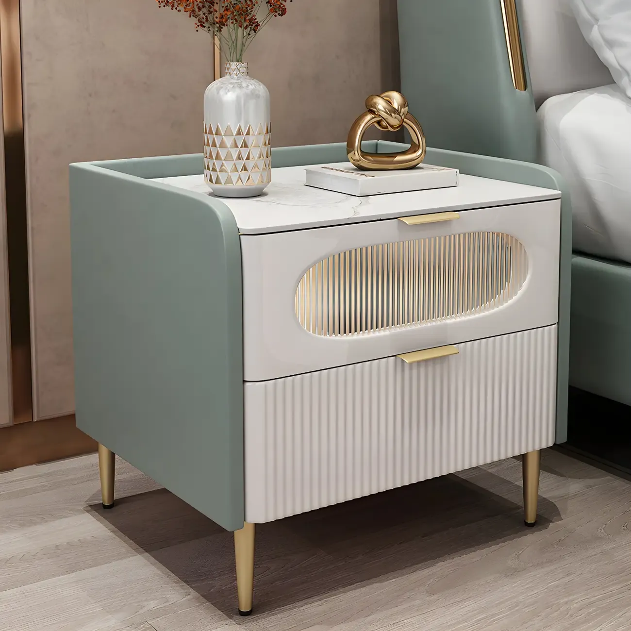 Modish Leather Bedside Table 2 Drawers with Stone Countertop