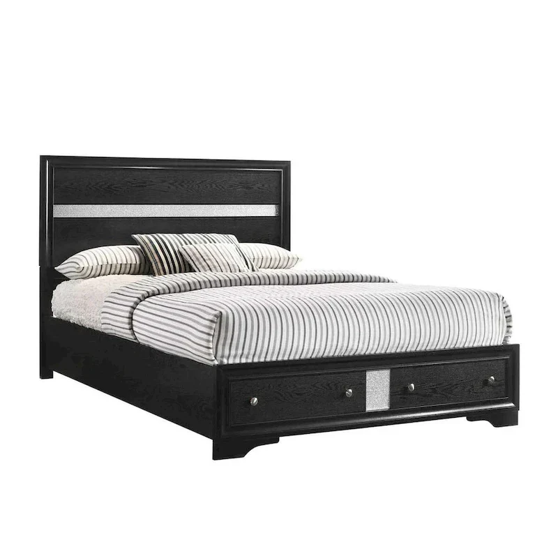 King Storage Bed - Black Wood, Silver Striped Headboard, 2 Drawers, 84.2L x 79.3W x 50H