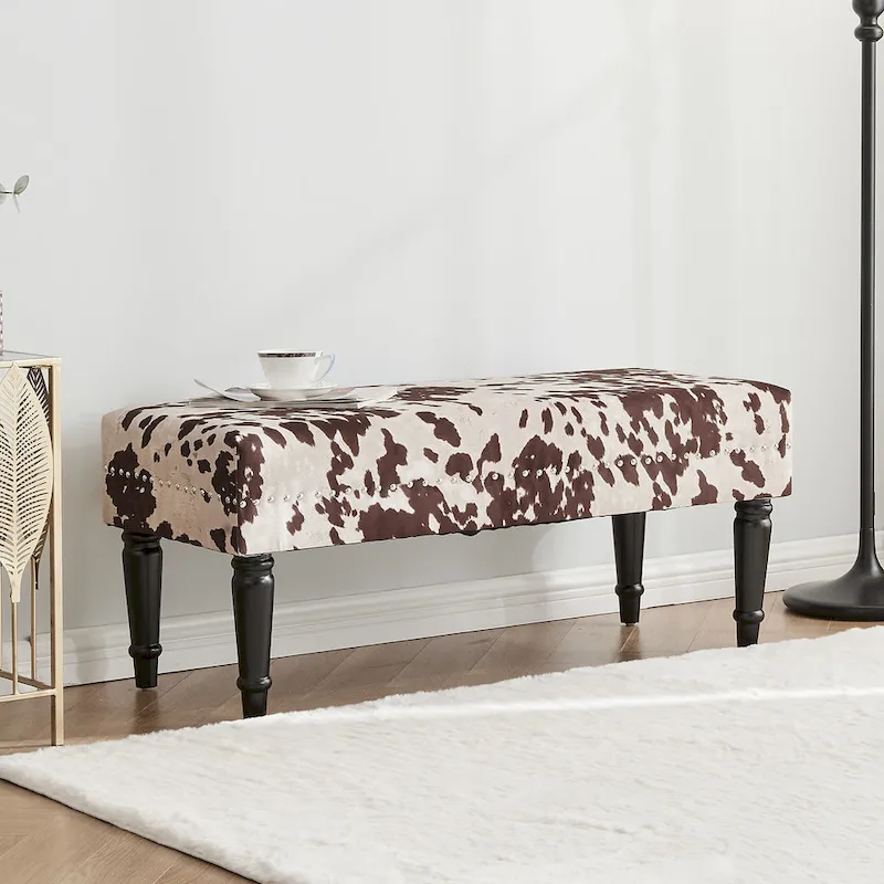 Adeco Cow Print Fabric Rectangular Bench Ottoman