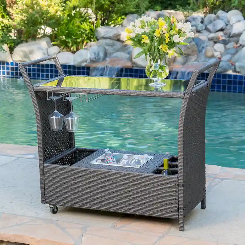 Outdoor Rattan Bar Cart with Removable Ice Bucket, Tempered Glass Top & Wheels, Mobile Beverage Serving Cart with Aluminum Frame