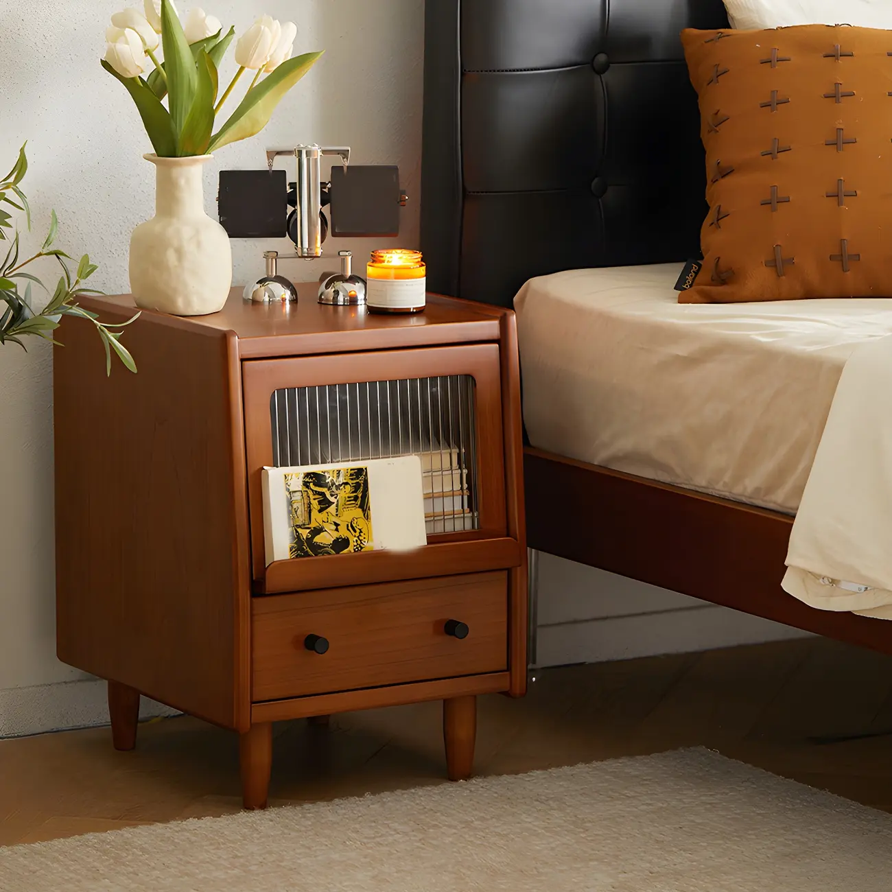 Compact Brown Solid Wood Bedside Storage Nightstand