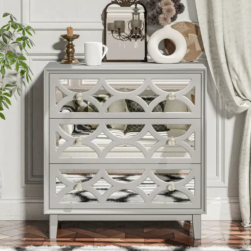 Contemporary Mirror Front Nightstand, Modern Dresser for Bedroom, Living Room, Entryway