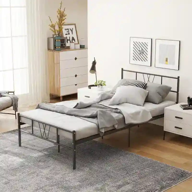 Twin Size Metal Platform Bed Frame with Headboard Footboard, Heavy Duty Steel Slat Support, Easy Assembly Mattress Foundation