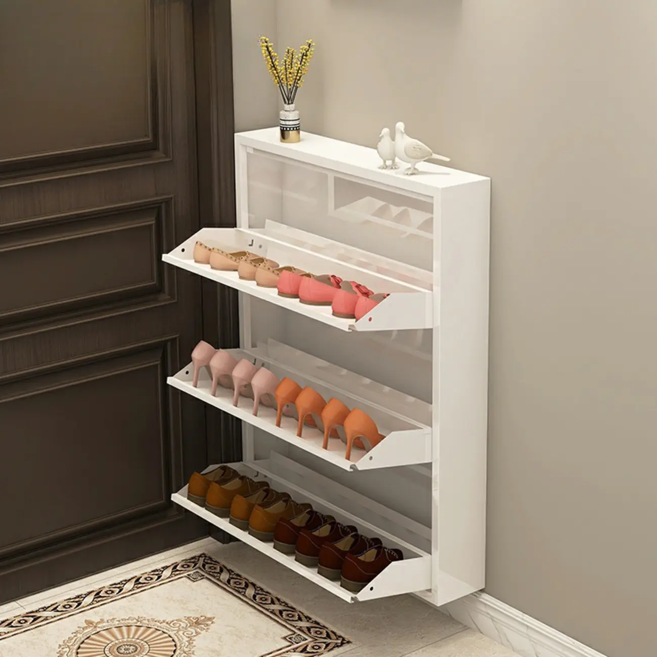 Gloss Black Wall Mounted Wooden Slim Drop Front Shoe Cabinet