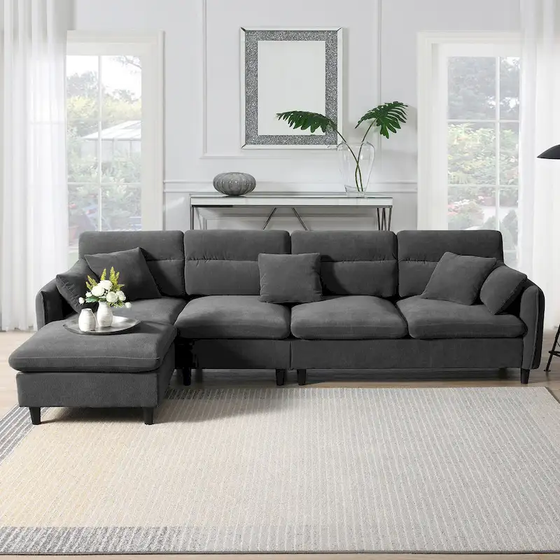 110  Modern L-Shaped Convertible 5-Seat Sectional Sofa with Removable Ottoman and 5 Cushions, Plush Chenille Fabric