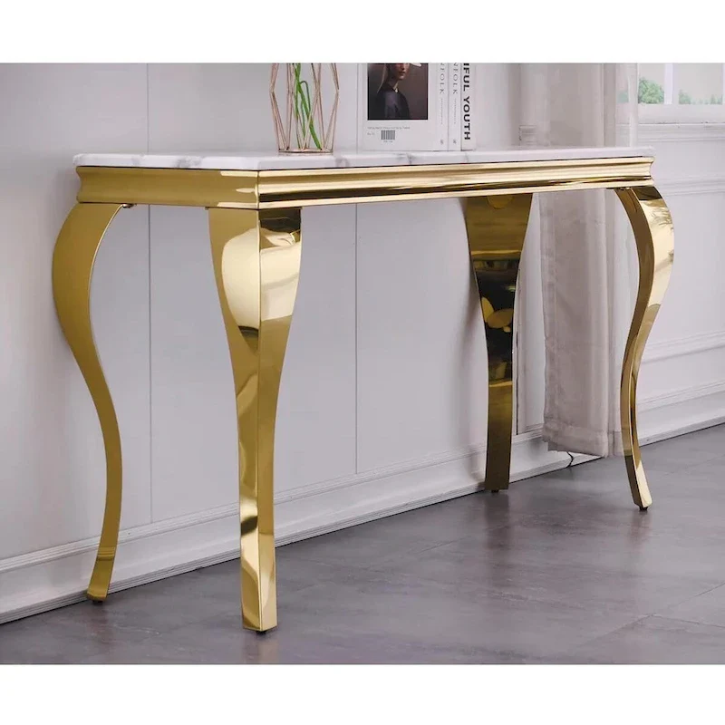 Luxury White and Gold Console Table with Polished Gold Cabriole Legs