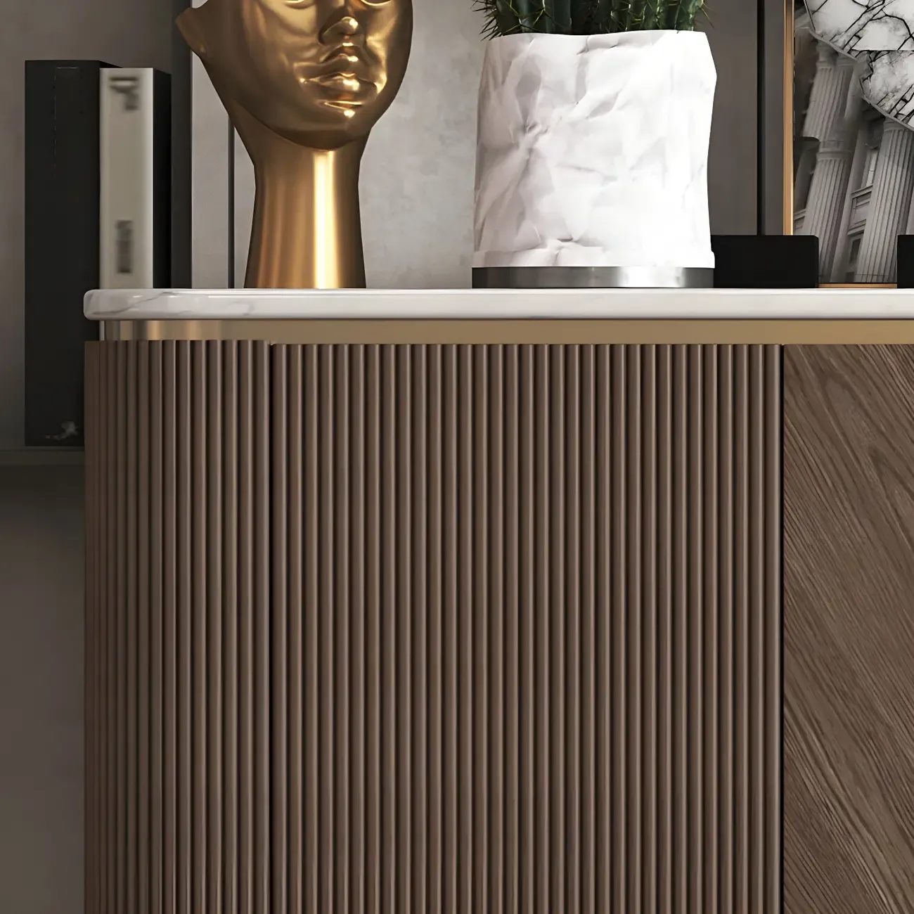 Glam Brown Wooden Sideboard with Marble Top