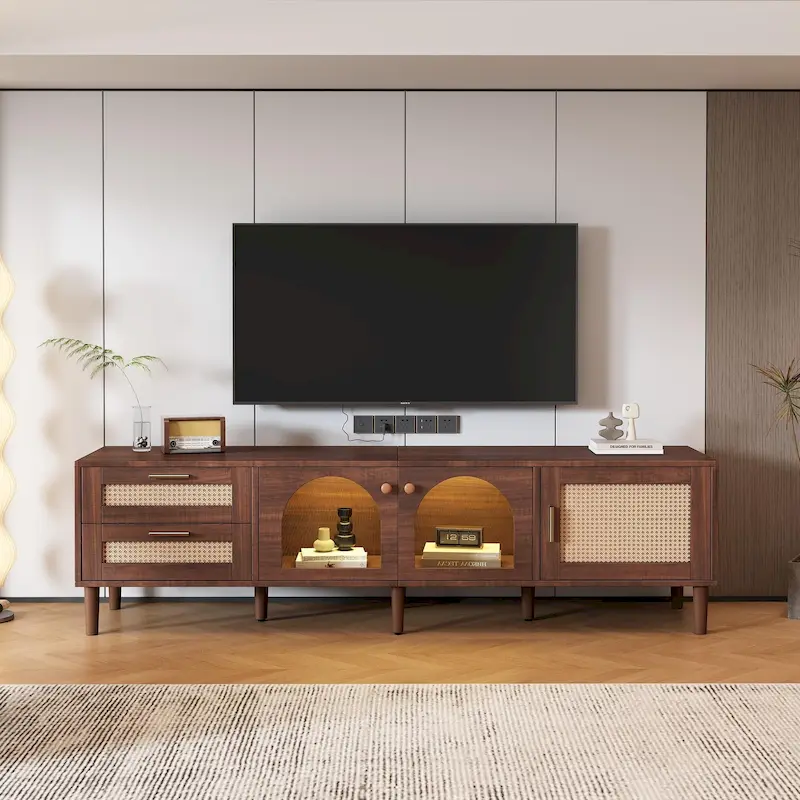 Rattan TV Stand with 3 Cabinets and 2 Drawers for TVs up to 80