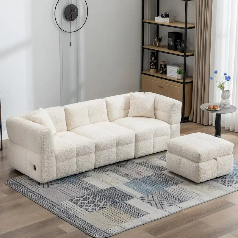 87.7  Sectional Sofa Cozy Teddy Fleece Fabric Sectional Sofa Couch