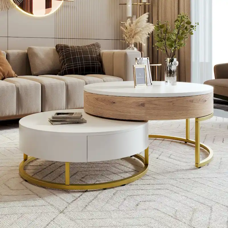 Modern Round Lift-top Nesting Coffee Tables with 2 Drawers White & Black