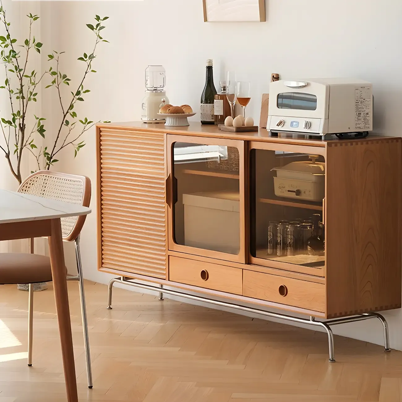 Brown Wood Glass Door Metal Legs China Cabinet with Drawer