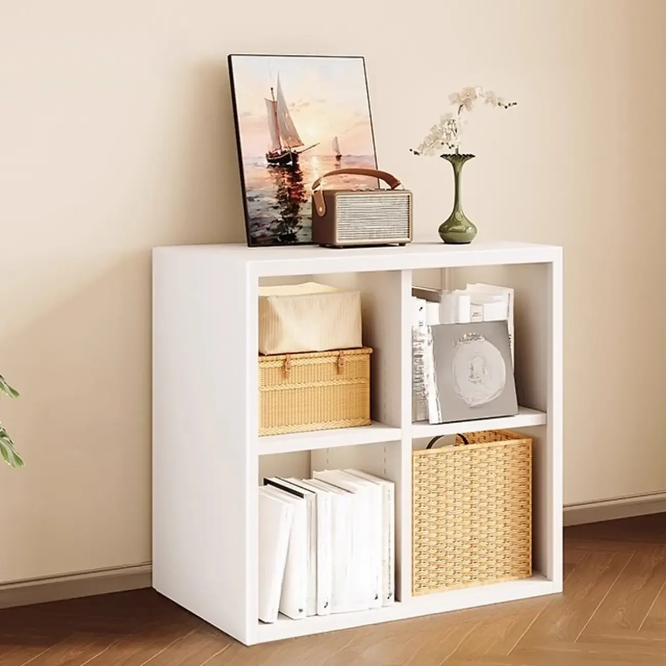 Modern Steel Cube Bookcase with Fabric Bins