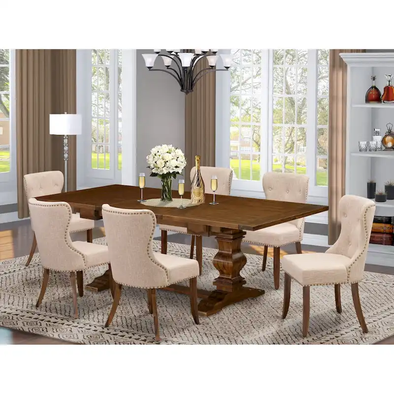 Dining Table Set- a Rectangle Dinner Table and Light Tan Linen Fabric Chairs, (Pieces Option)