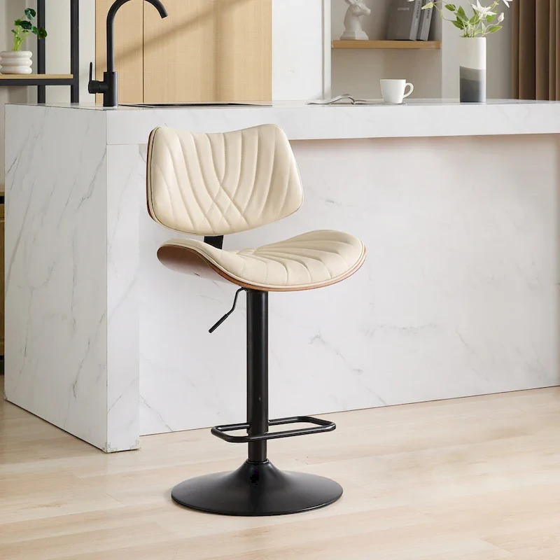Modern Set of 2 Swivel Bar Stools with Leather Backrest Cushioned Seat Chrome-Plated Base Adjustable Height, for Kitchen Island