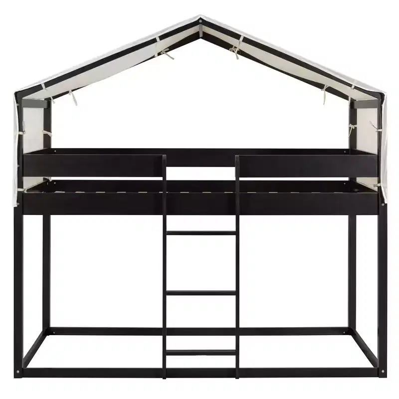 CLIHOME Rustic Twin Over Twin Wood Bunk Bed Frame with Tent and Ladder