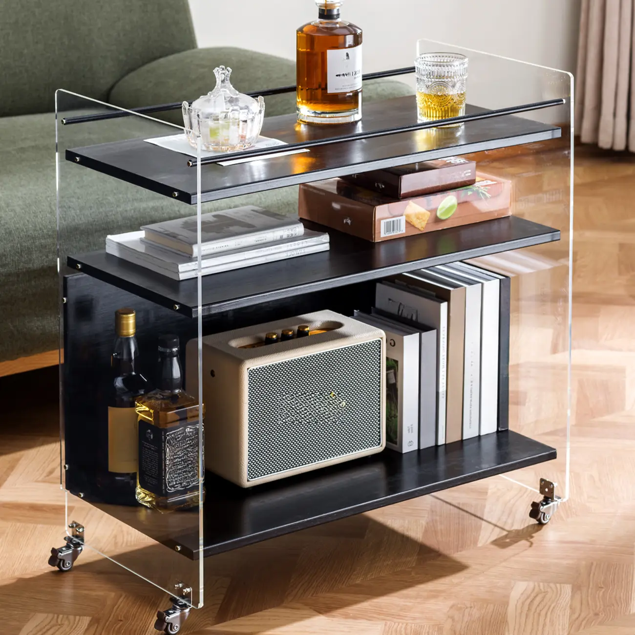 Trendy Moso Bamboo Acrylic 3-Shelf Side Table with Wheels