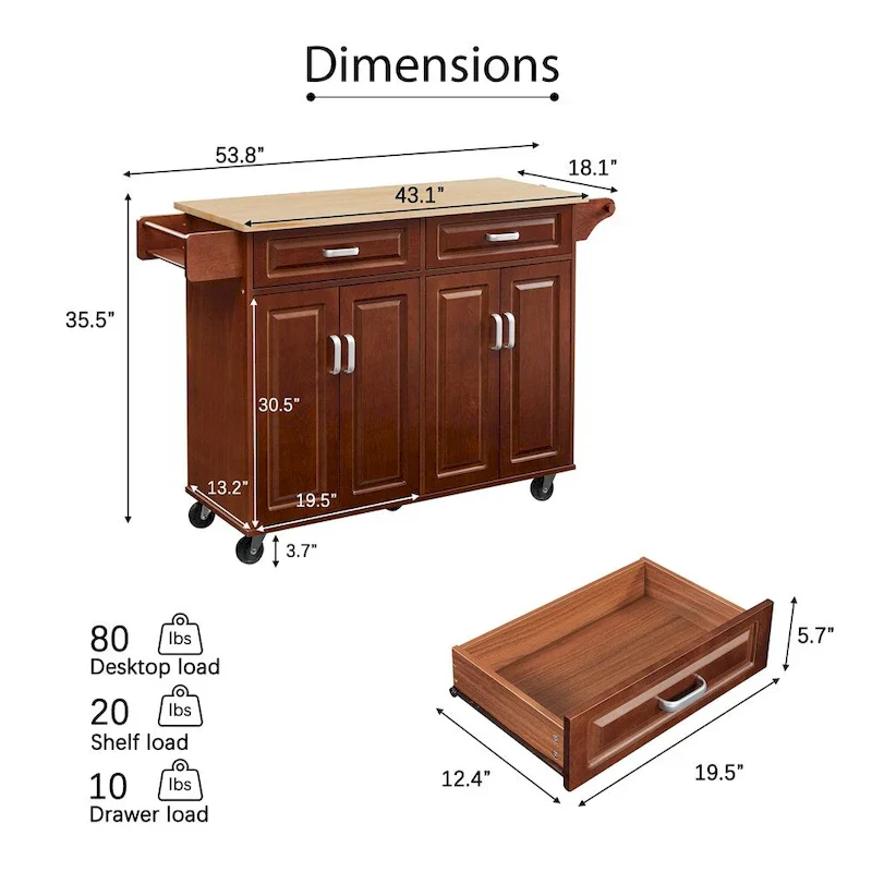 Mobile Kitchen Island Cart With 2 Drawers