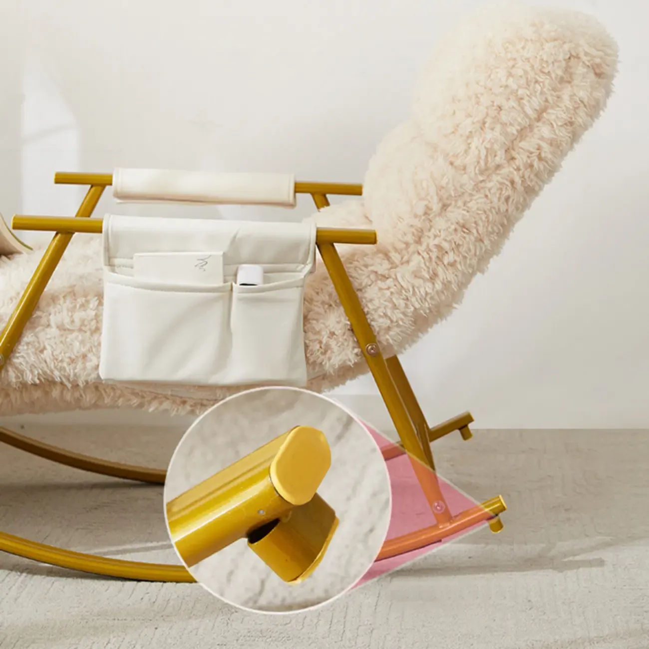 Modern Cotton Upholstered Metal Rocking Chair in White