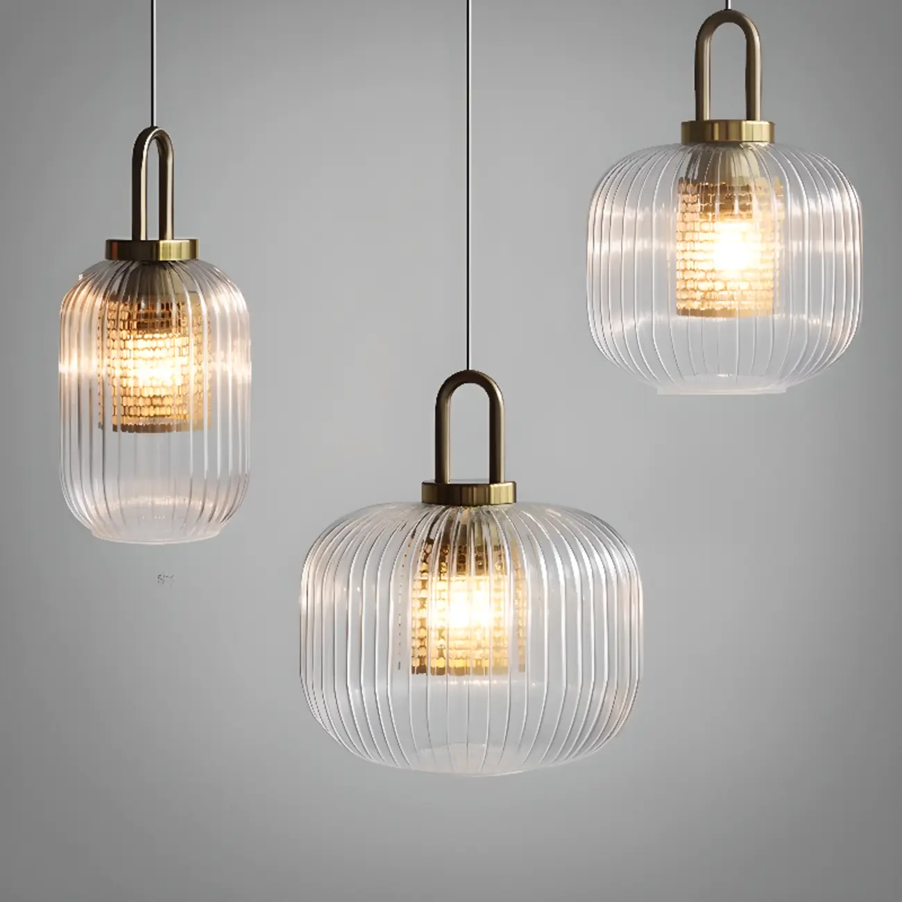 Gold Metal Ribbed Clear Glass Kitchen Pendant Light