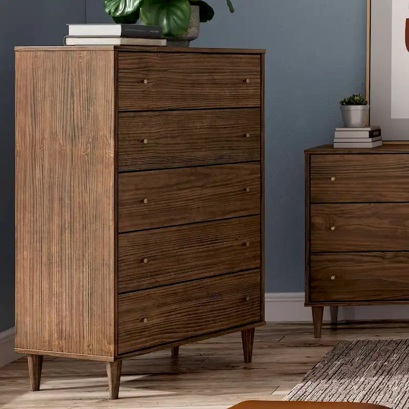 Farmhouse Rustic Mid Century 5 Drawer Chest