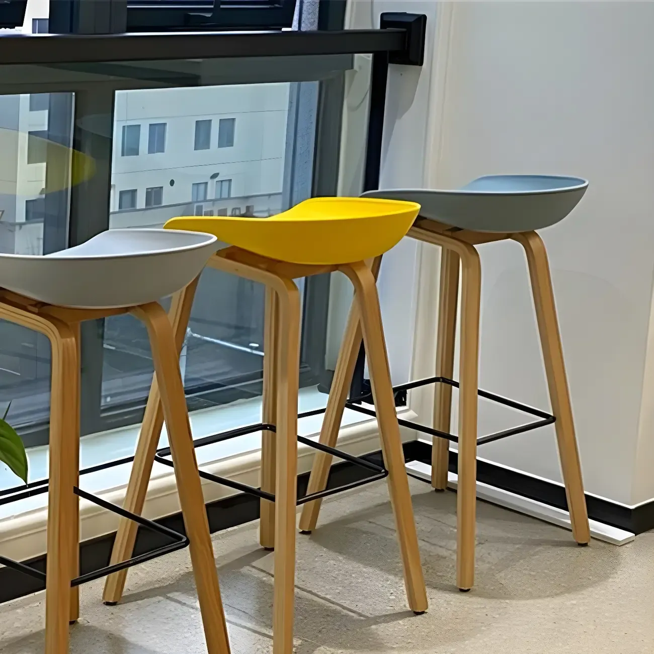 Mid-Century Modern Plastic Bar Stool with Wood Legs