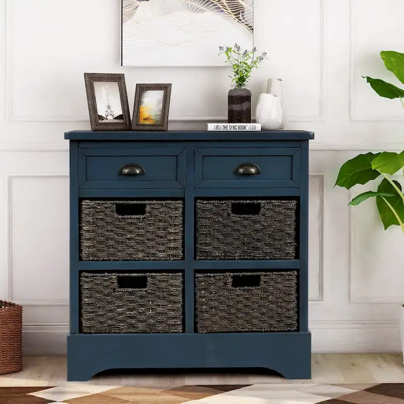 Rustic Storage Cabinet with Two Drawers and Four Classic Rattan Basket - 28L x 11.8W x 28H