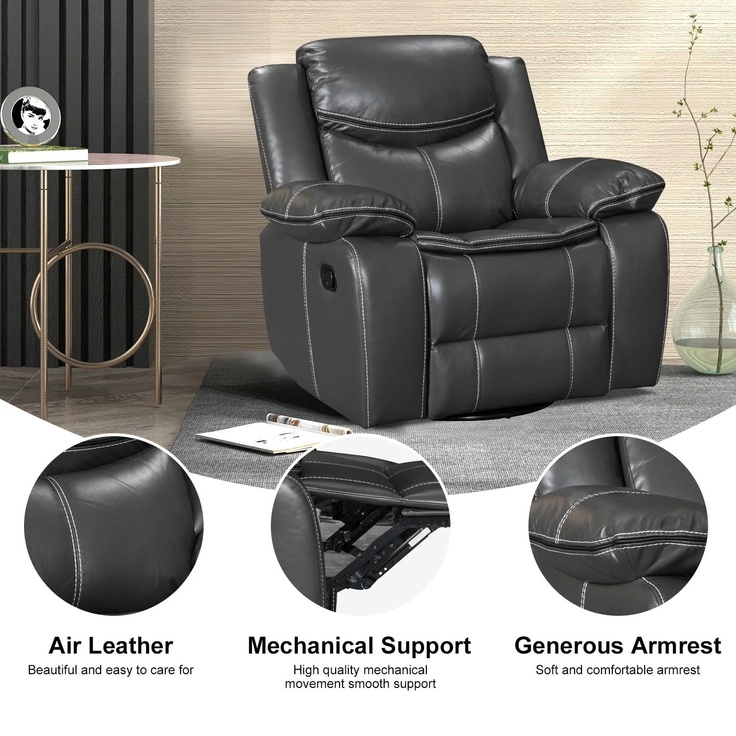 Wide Seat Durable Leather Massage and Heat Recliner