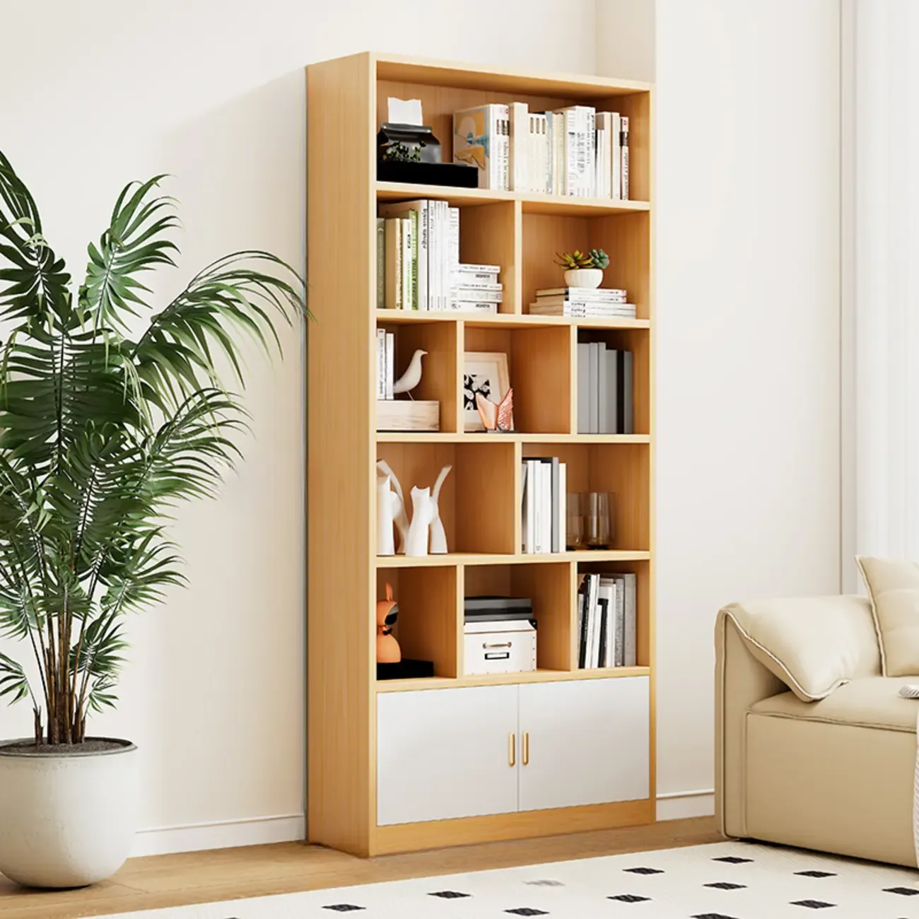 Natural Finish Narrow 6 Shelves Wooden Bookcase with Drawer