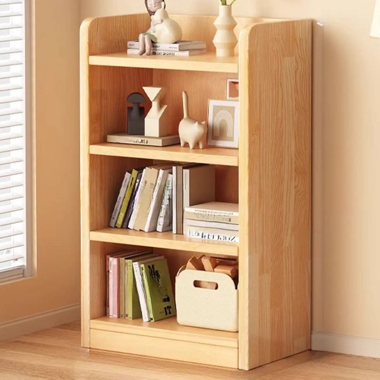 Narrow Vertical Modern Wooden Bookcase in Natural Finish
