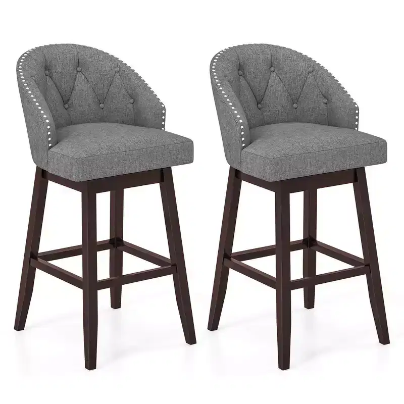 Gray & Walnut Linen Swivel Bar Stool Set of 2, Armless, Mid Back