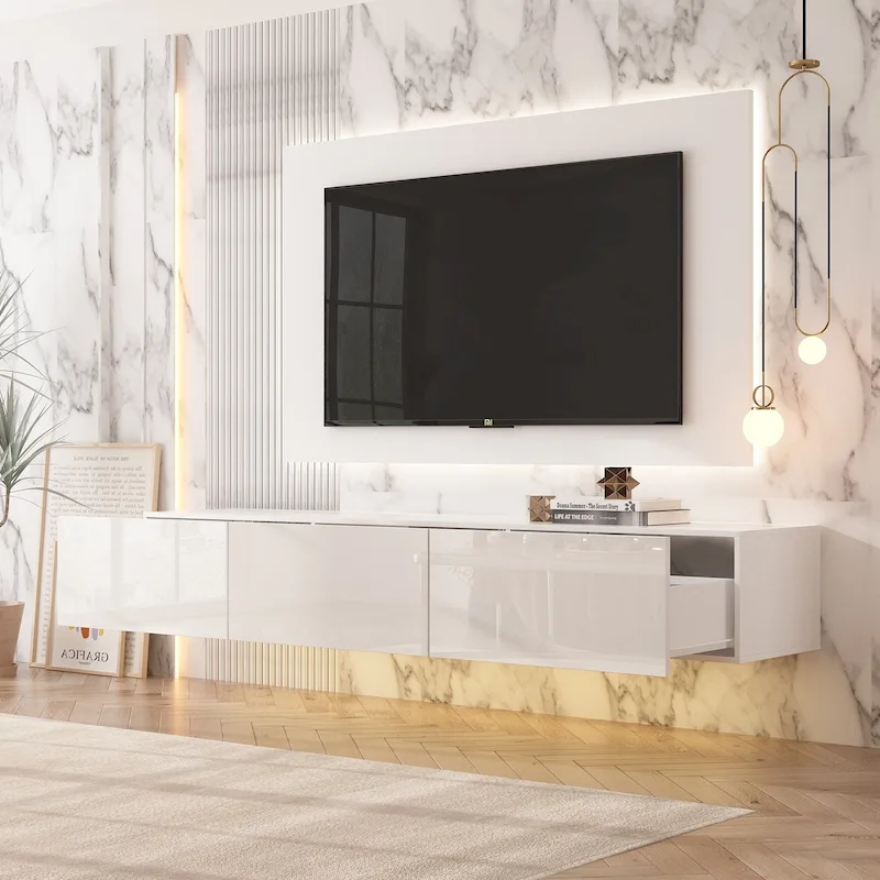 63 Floating Entertainment Center, Wall Mount LED TV Stand High Gloss