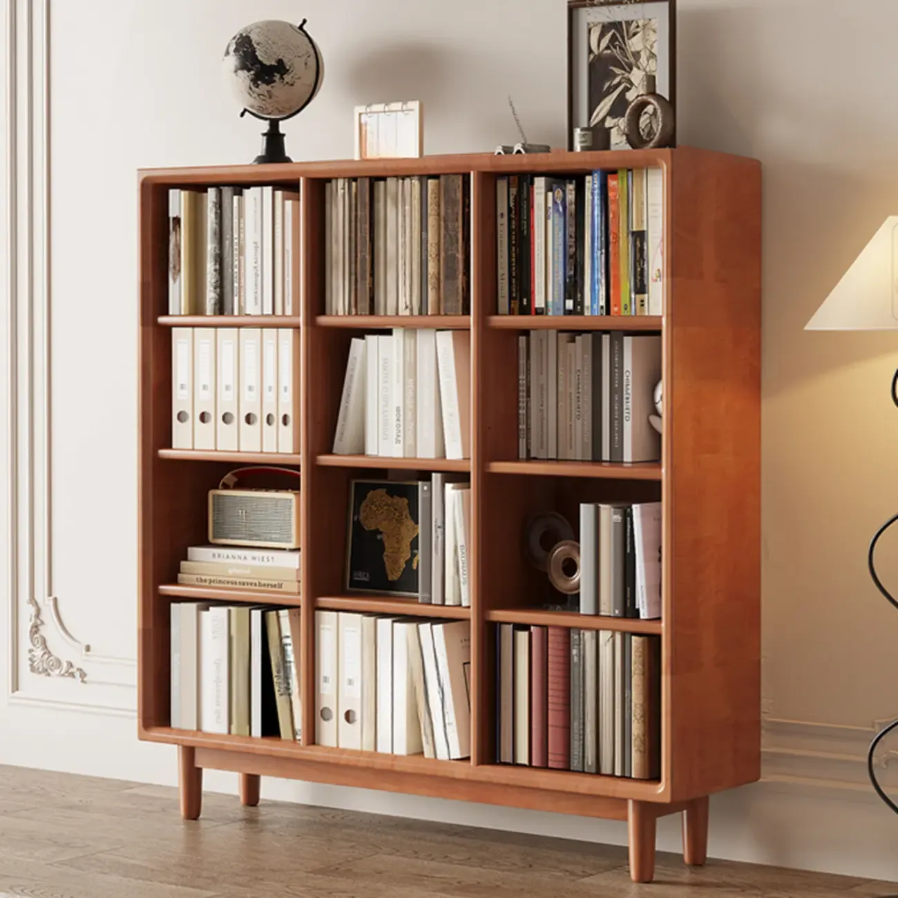 Mid Century Modern Oak Wood Closed Back Standing Bookcase