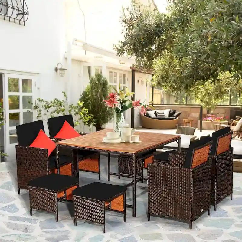 Costway 9PCS Patio Rattan Dining Set Cushioned Chairs Ottoman Wood - See Details