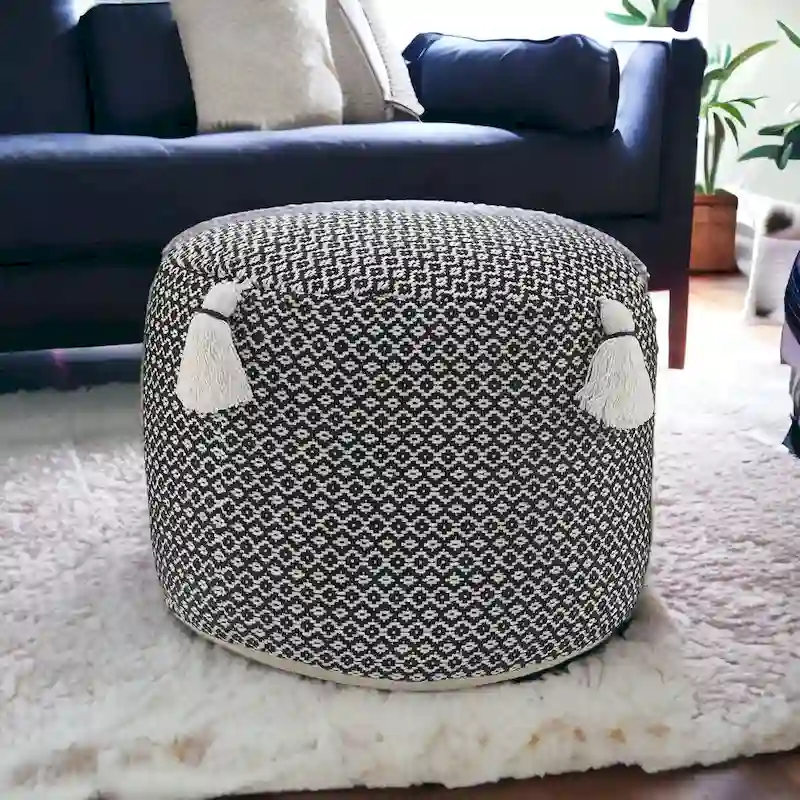 HomeRoots 18 Black Cotton Cylinder Geometric Pouf Ottoman