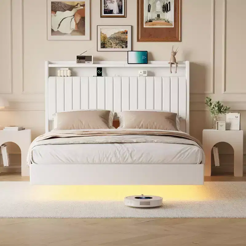 GustoWave Floating Bed Frame, with LED Lights & Charging Station