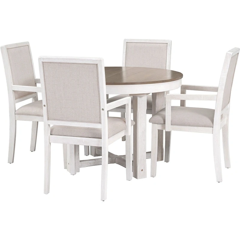 Wooden Round Drop Leaf Extendable Dining Table Set with 4 Upholstered Chairs