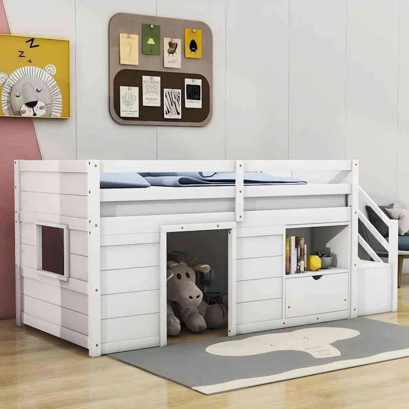 Solid Wood Low Loft Bed With Drawer and Stair,Twin Szie