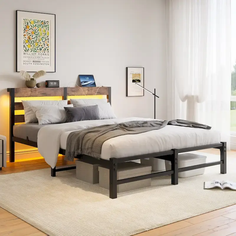 Queen Size Metal Bed Frame with Wooden Headboard, RGB Lights and Storage Shelf