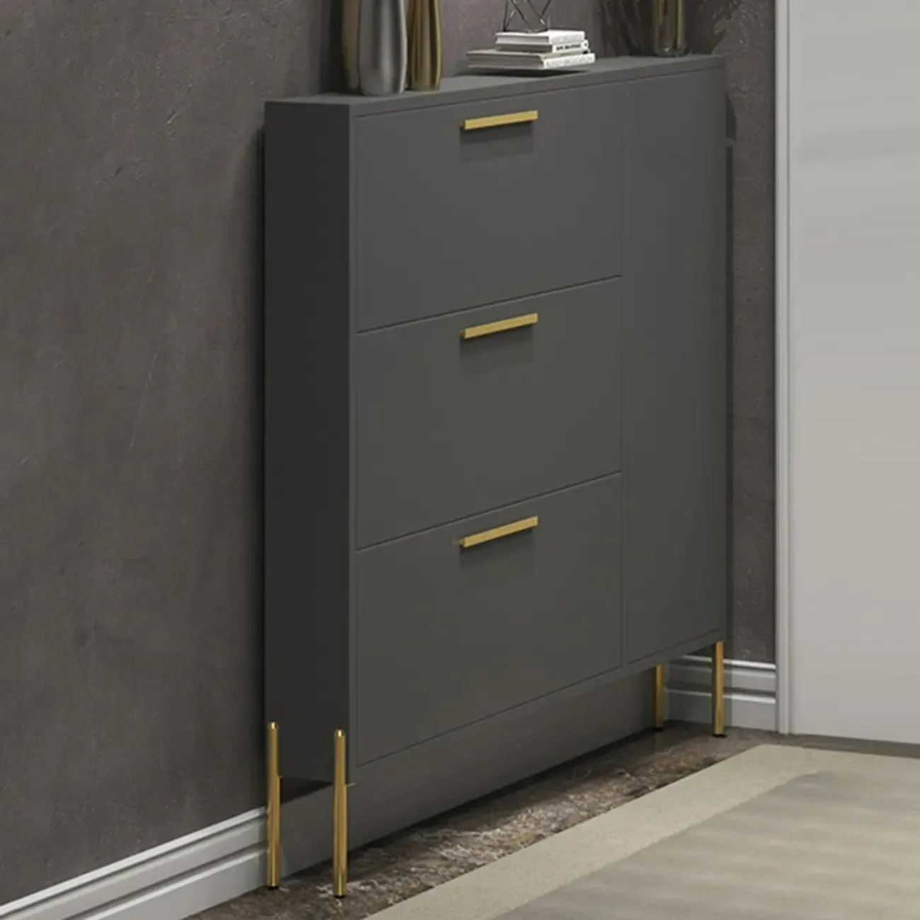3-Tier Narrow Dark Gray Drop-Front Wood Shoe Cabinet
