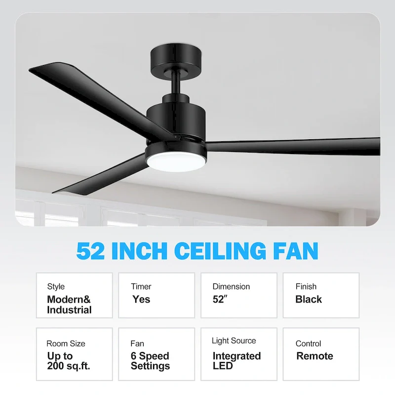 52 Inch Gold/Black/White 3-Blade LED Ceiling Fan with Light and Remote