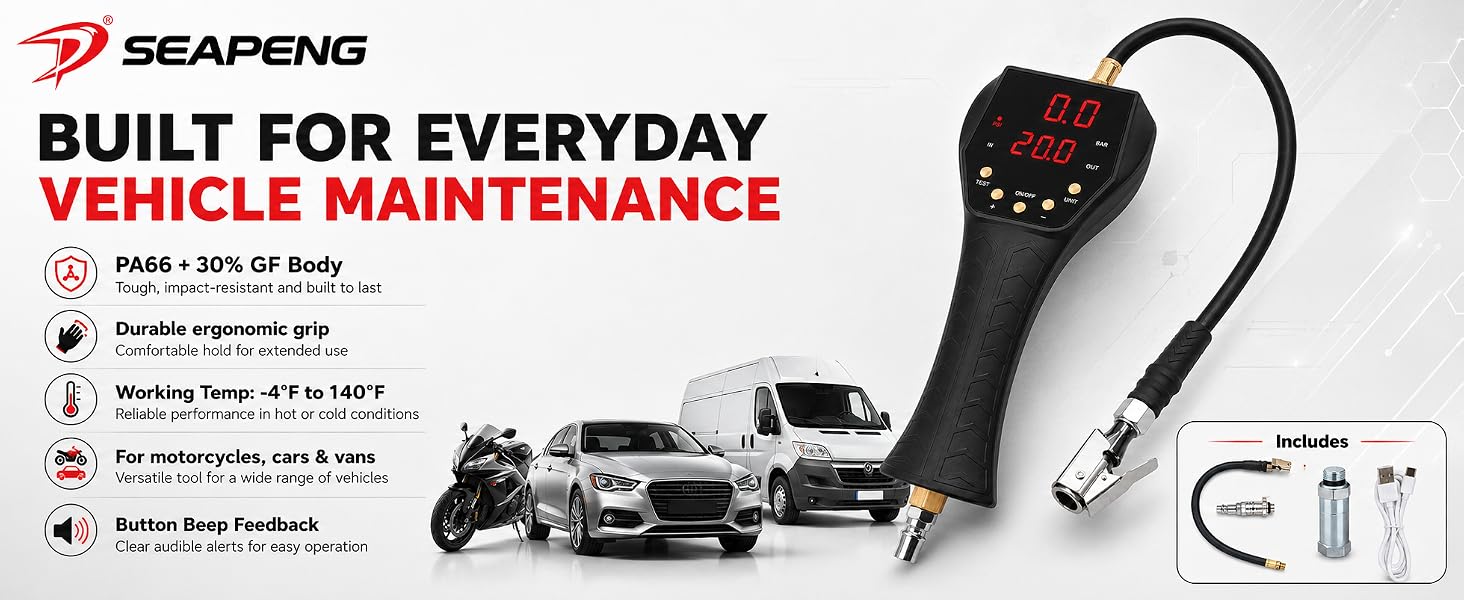 SEAPENG TB-902E air inflator for cars, motorcycles, and commercial vehicles.