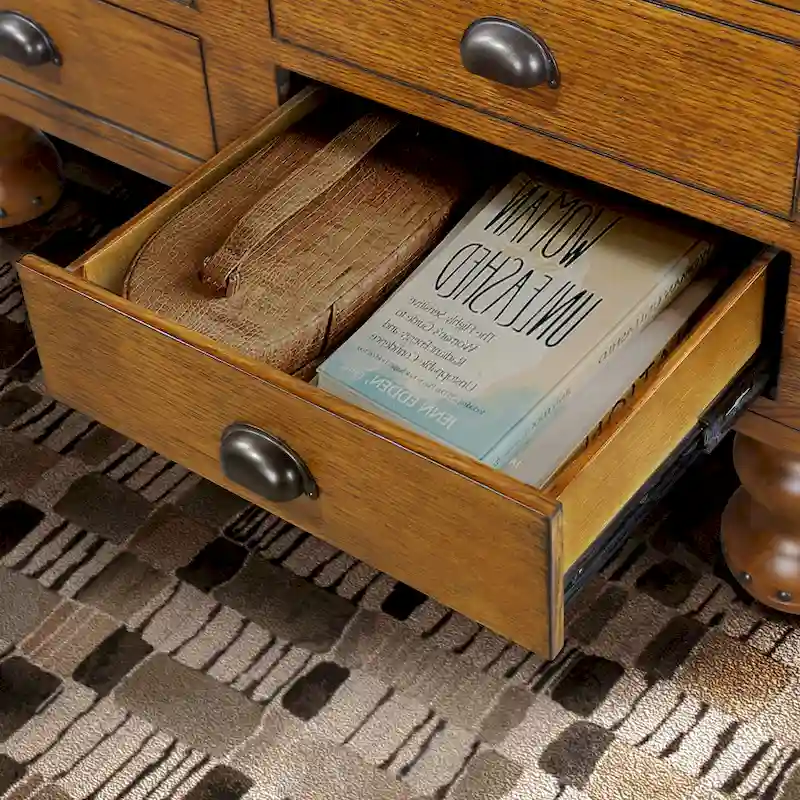 Rectangle Coffee Table, 4 Drawers, Pine Wood & MDF, Oak Veneer, Gourd Legs, 40