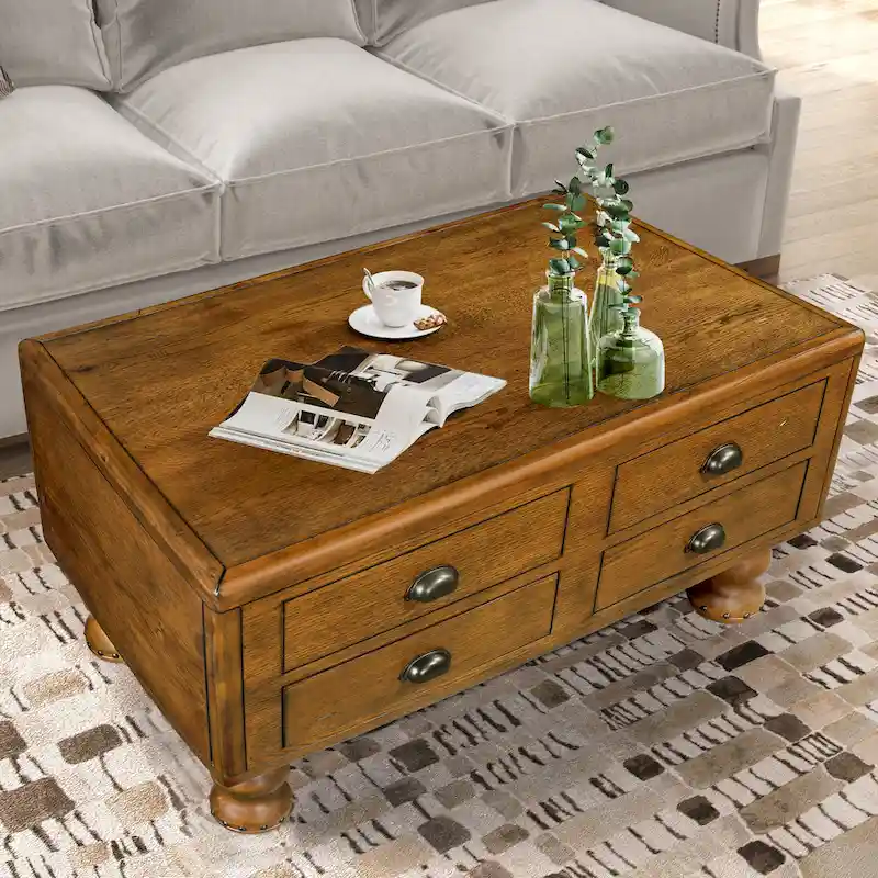 Rectangle Coffee Table, 4 Drawers, Pine Wood & MDF, Oak Veneer, Gourd Legs, 40