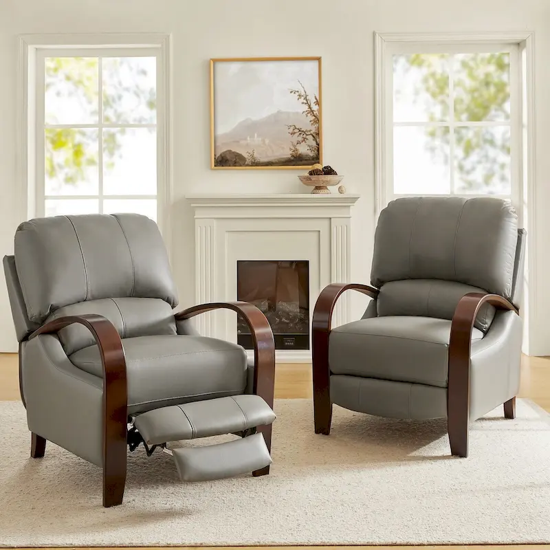 Alex Mid-century Modern Cigar Genuine Leather Manual Recliner with Wooden Curved Arms, Set of 2