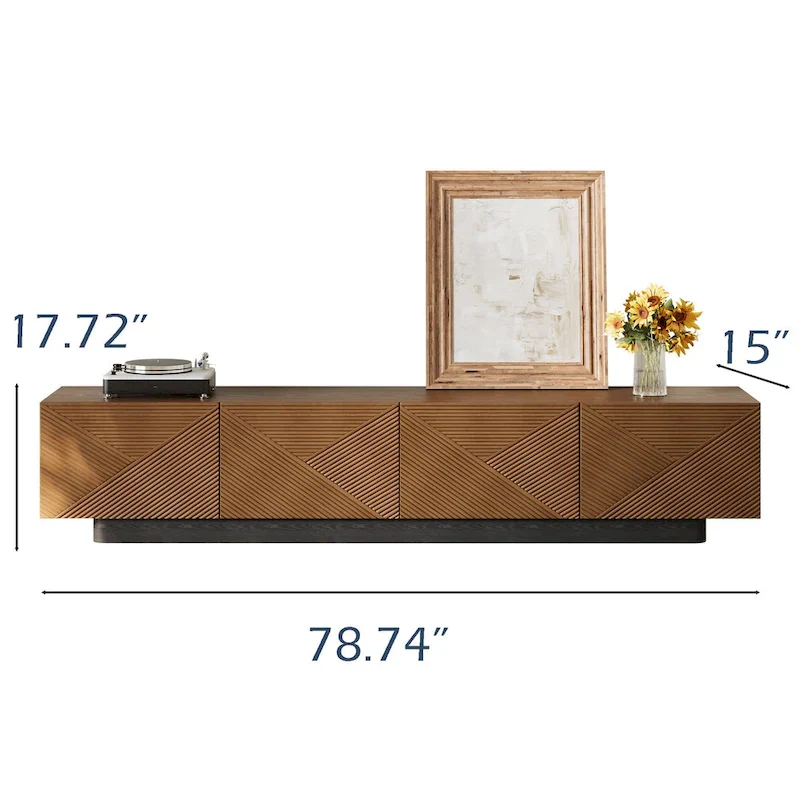 78.74  Mid Century Modern TV Stands, with Brown Solid Wood Veneer, Media Consoler with 4 Cabinets
