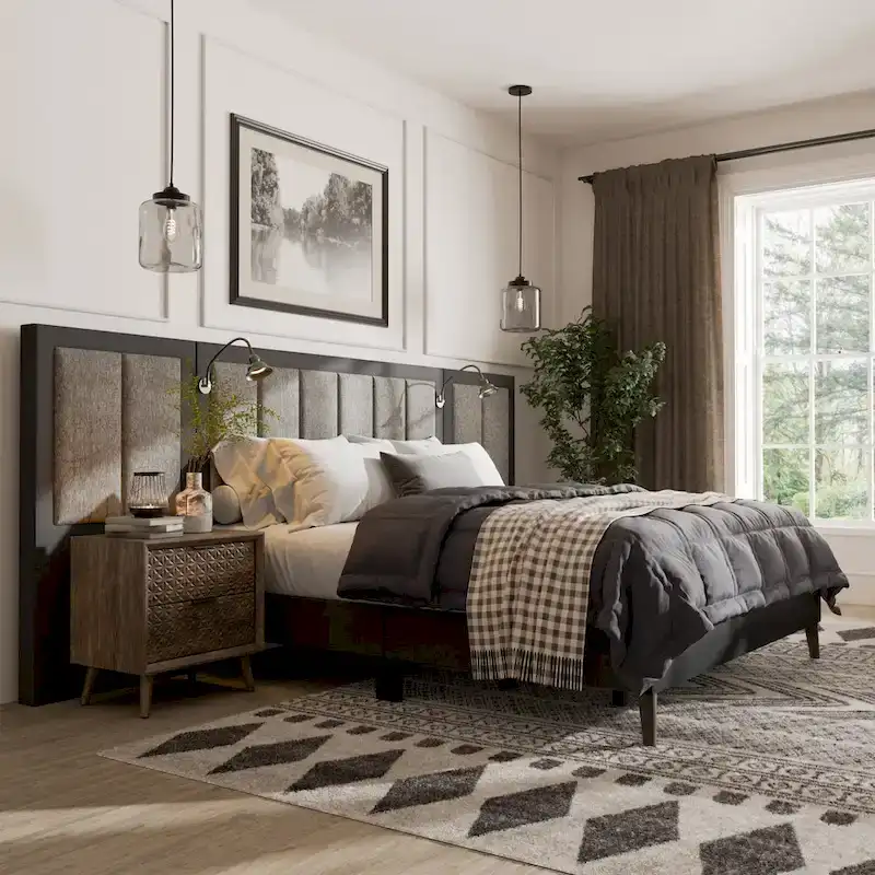 Furniture of America Orelo Modern Dark Brown Extended Wall Panel Bed with Reading Lights