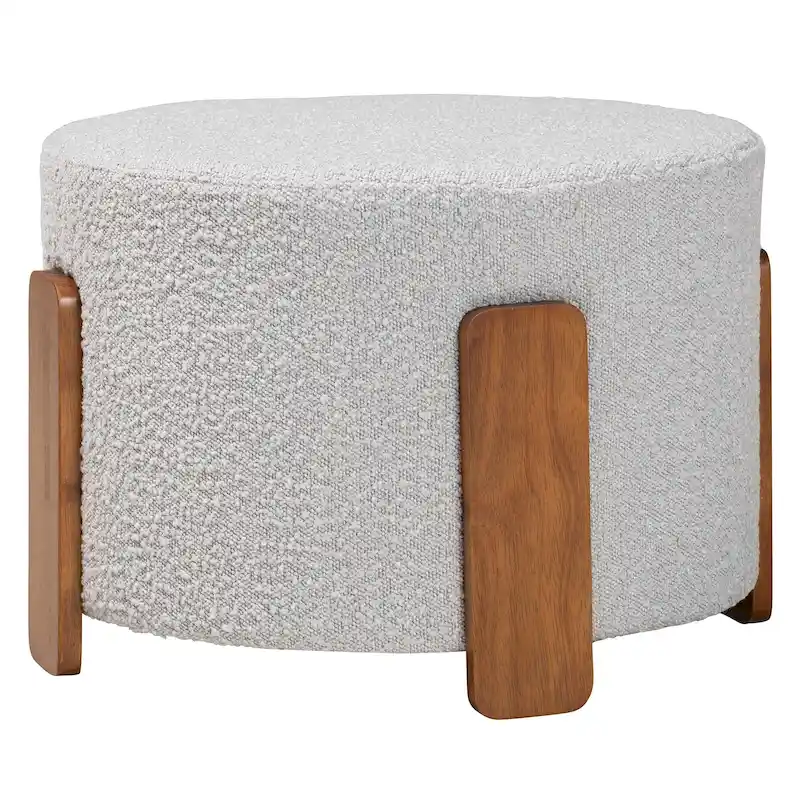 Modern Japandi Boucle Fabric and Wood Ottoman Footstool