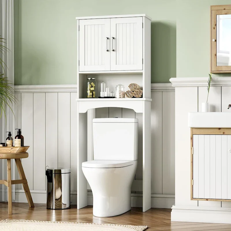 Over The Toilet Storage Cabinet with Double Doors and Anti-Tip Device