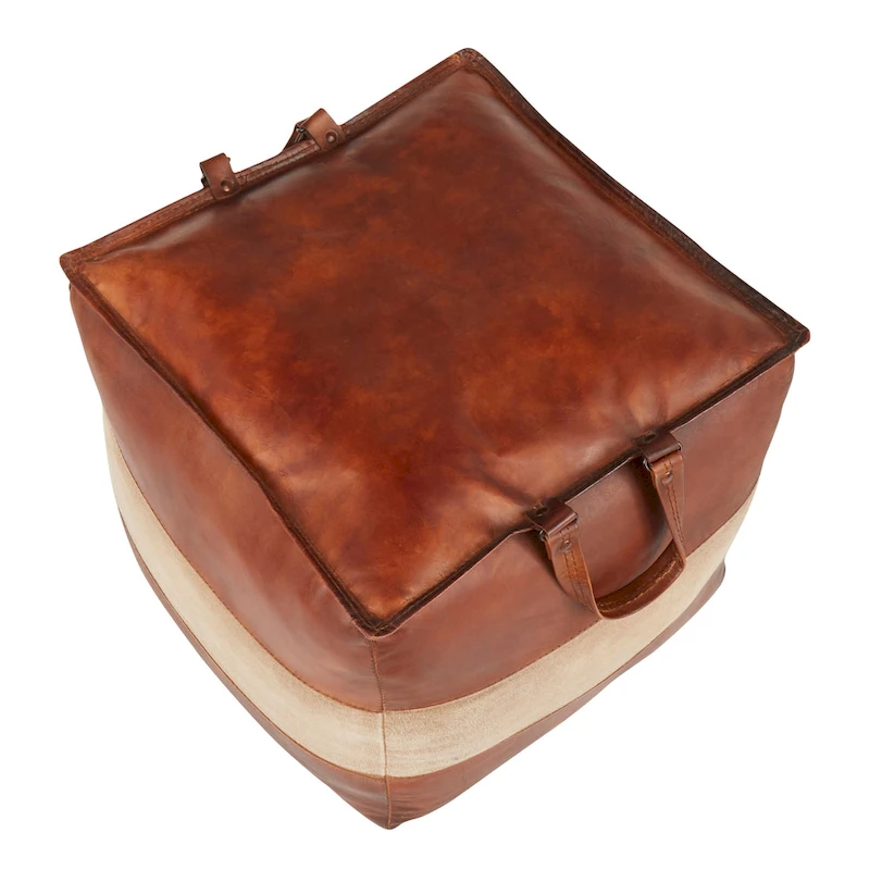 Carbon Loft Najah Industrial Pouf Ottoman in Leather and Canvas