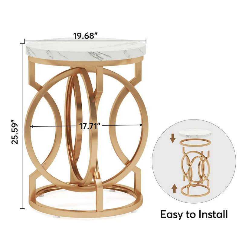 Gold End Table, Round Side Table with Faux Marble Top